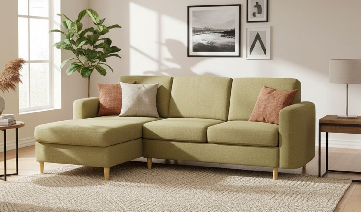Ecksofa mit Schlaffunktion und Stauraum für Bettwäsche